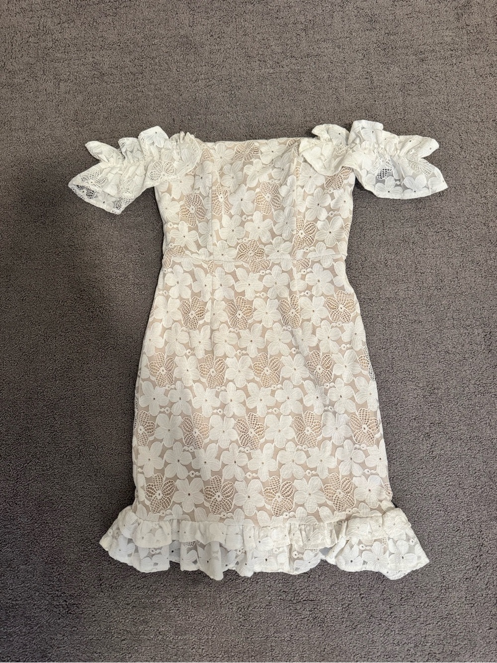 Hello Molly Cream Off-Shoulder Lace Mini Dress